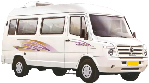 A white Tempo Traveller with ample seating for larger groups on taxi trip from Abu Road to Mount Abu.