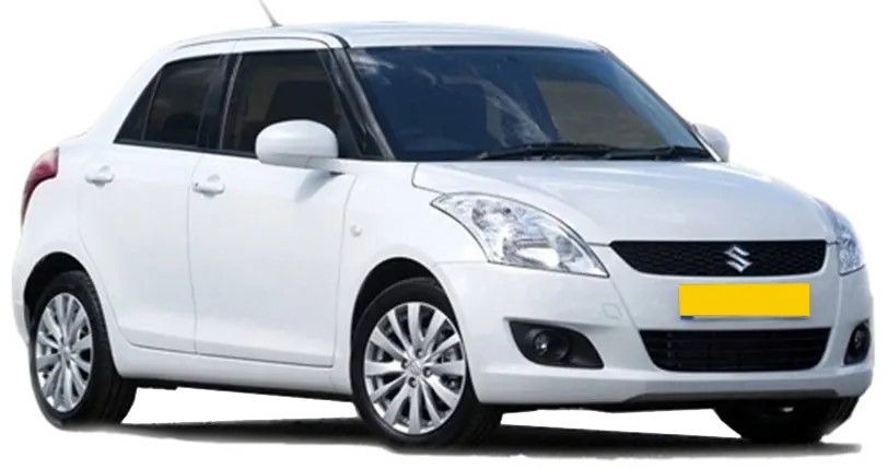 A white Maruti Swift, a comfortable and stylish choice for travelers heading from Abu Road to Mount Abu.